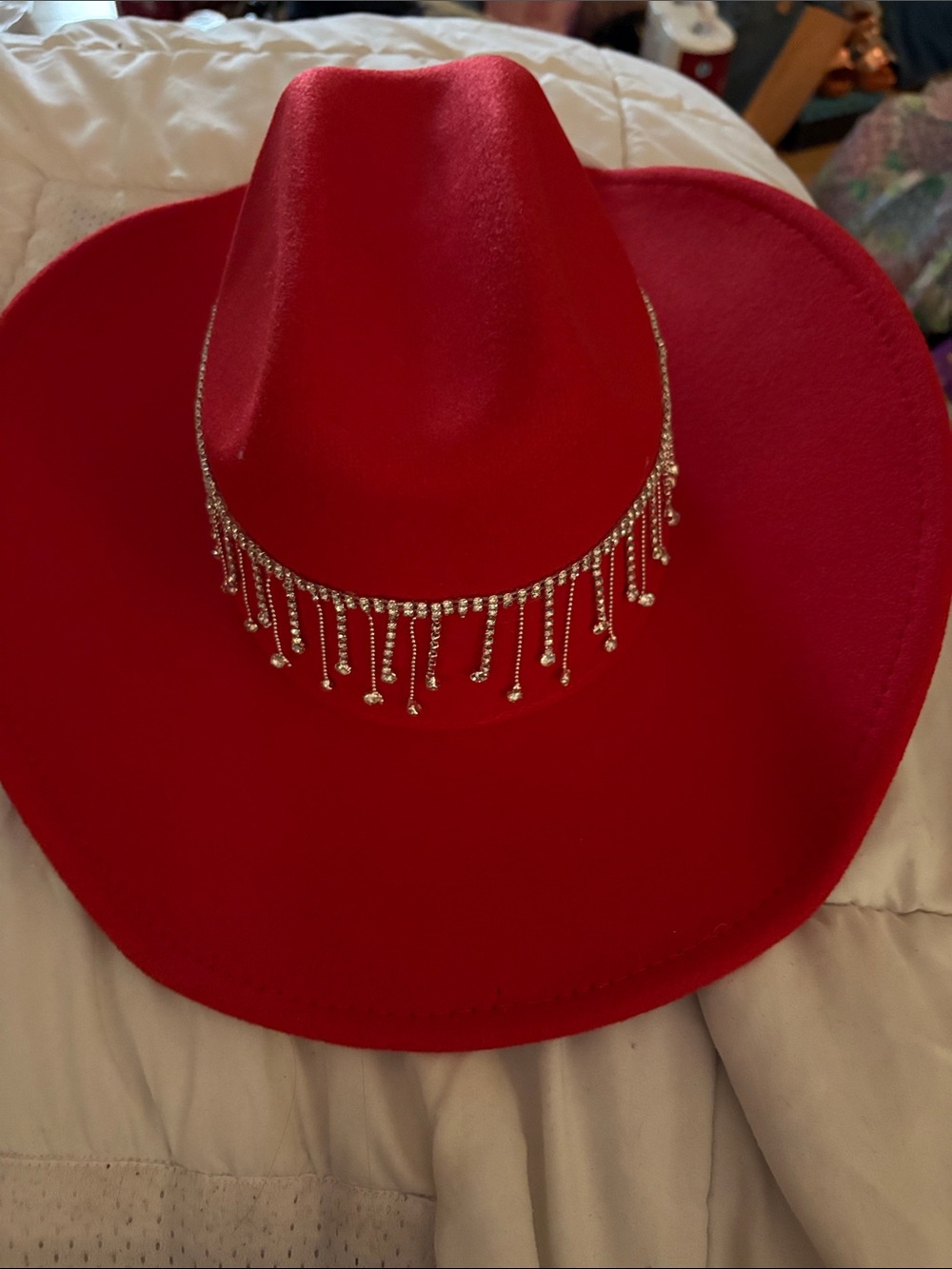 Red Felt Cowboy Hat with Rhinestone Fringe